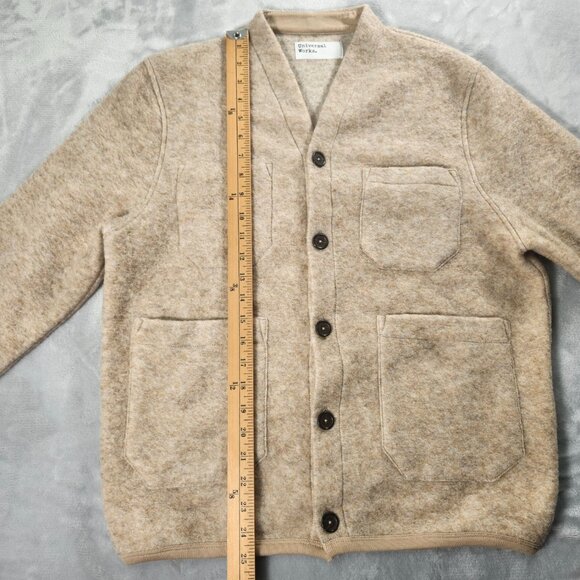 Universal Works Mens Wool Blend Fleece Cardigan Jacket Beige Size S Button Front - Picture 8 of 11